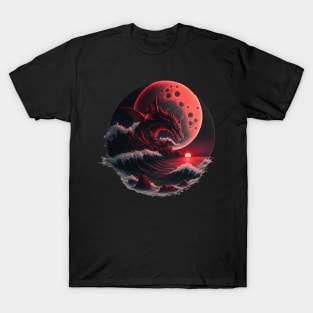 Red Dragon Flying over a Red Moon T-Shirt